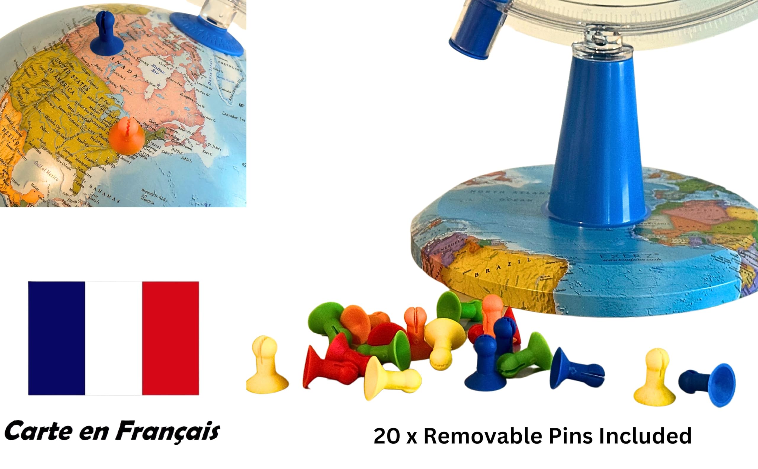 Globe Lumineux 20cm Carte Française LED avec Pins USB C | Carte politique lisible avec 20 punaises support décoratif boîte cadeau pour école bureau chambre et voyageurs
