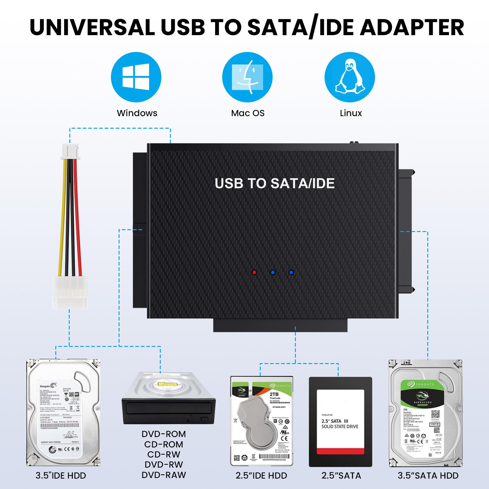 USB 3.0 to IDE and SATA Converter External Hard Drive Adapter Kit for Universal 2.5/3.5 HDD/SSD Hard Drive Disk, USB to SATA Reader IDE, Included 12V/2A Power Adapter
