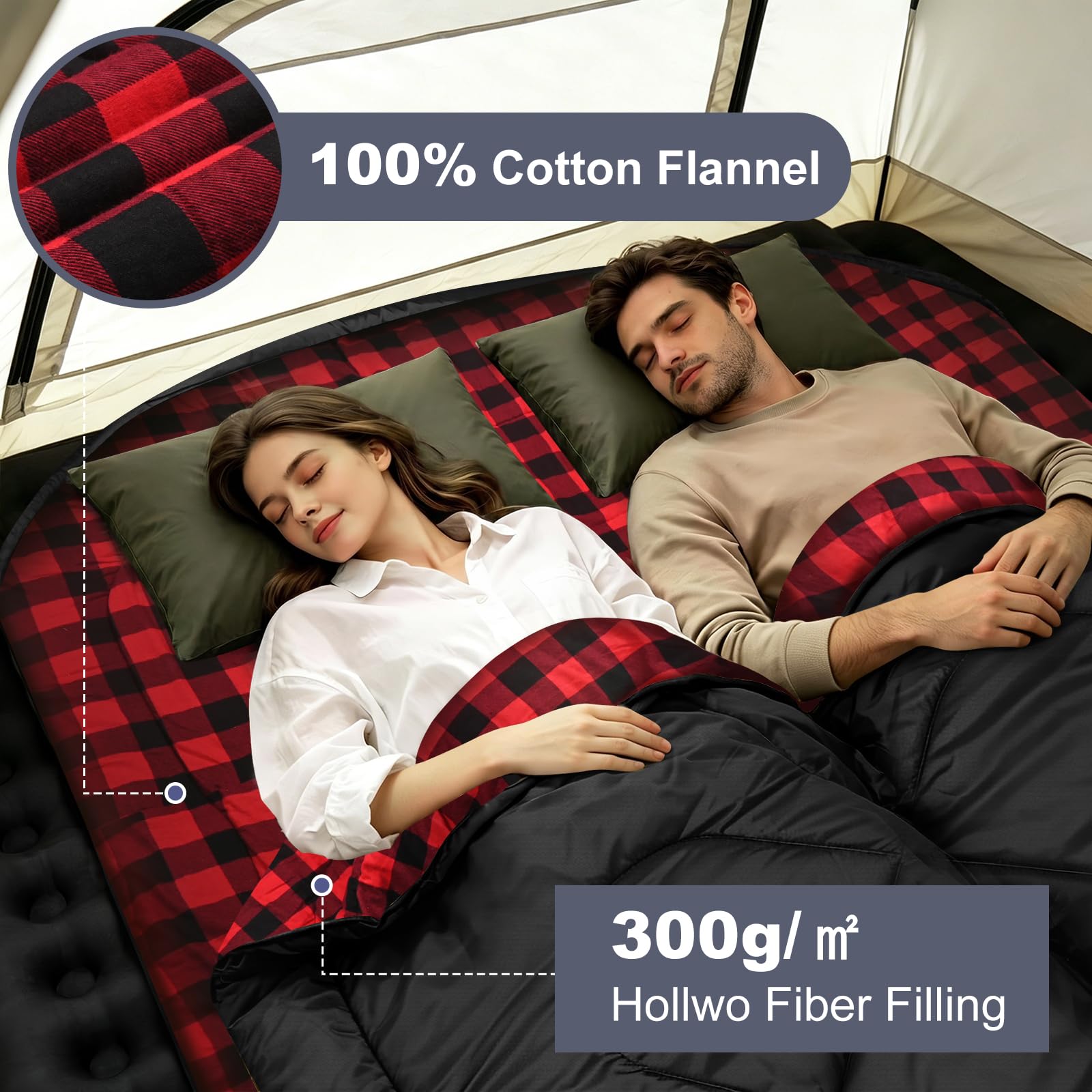 Flanell Doppelschlafsack 230x160cm für 2 Personen XXL | 100% Baumwolle Futter, wasserabweisend, 4-Jahreszeiten Deckenschlafsack – ideal für Paare, Familien Camping, Wohnmobil-Reise