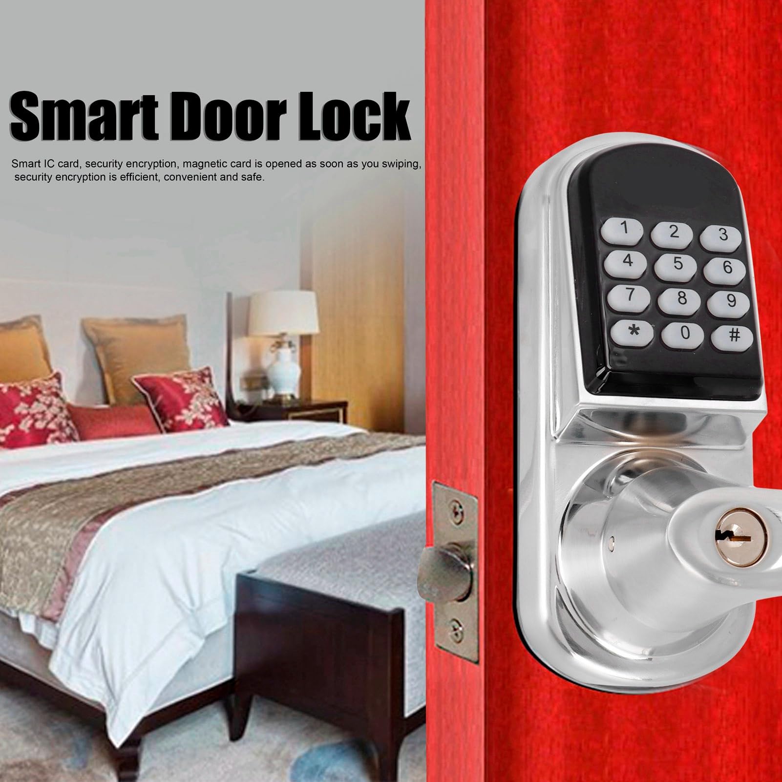 CHICIRIS Cerradura de Puerta de Inducción Electrónica con Función de Silencio, Tarjeta IC Inteligente, Desbloqueo de Contraseña, Adecuada para Puertas de Madera, Portones, Edificios de Oficinas