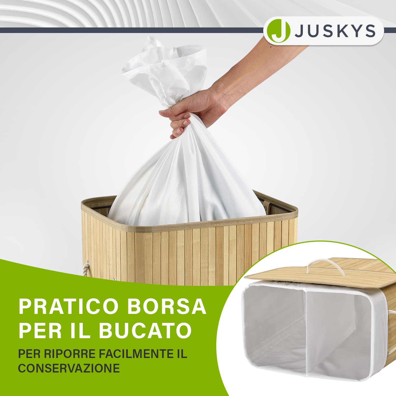 Juskys Cesto da bucato in bambù Curly 100 litri naturale - Cestino da biancheria con coperchio, maniglia e 2 scomparti - Borsa per bucato in tessuto Cestino da biancheria rimovibile e lavabile