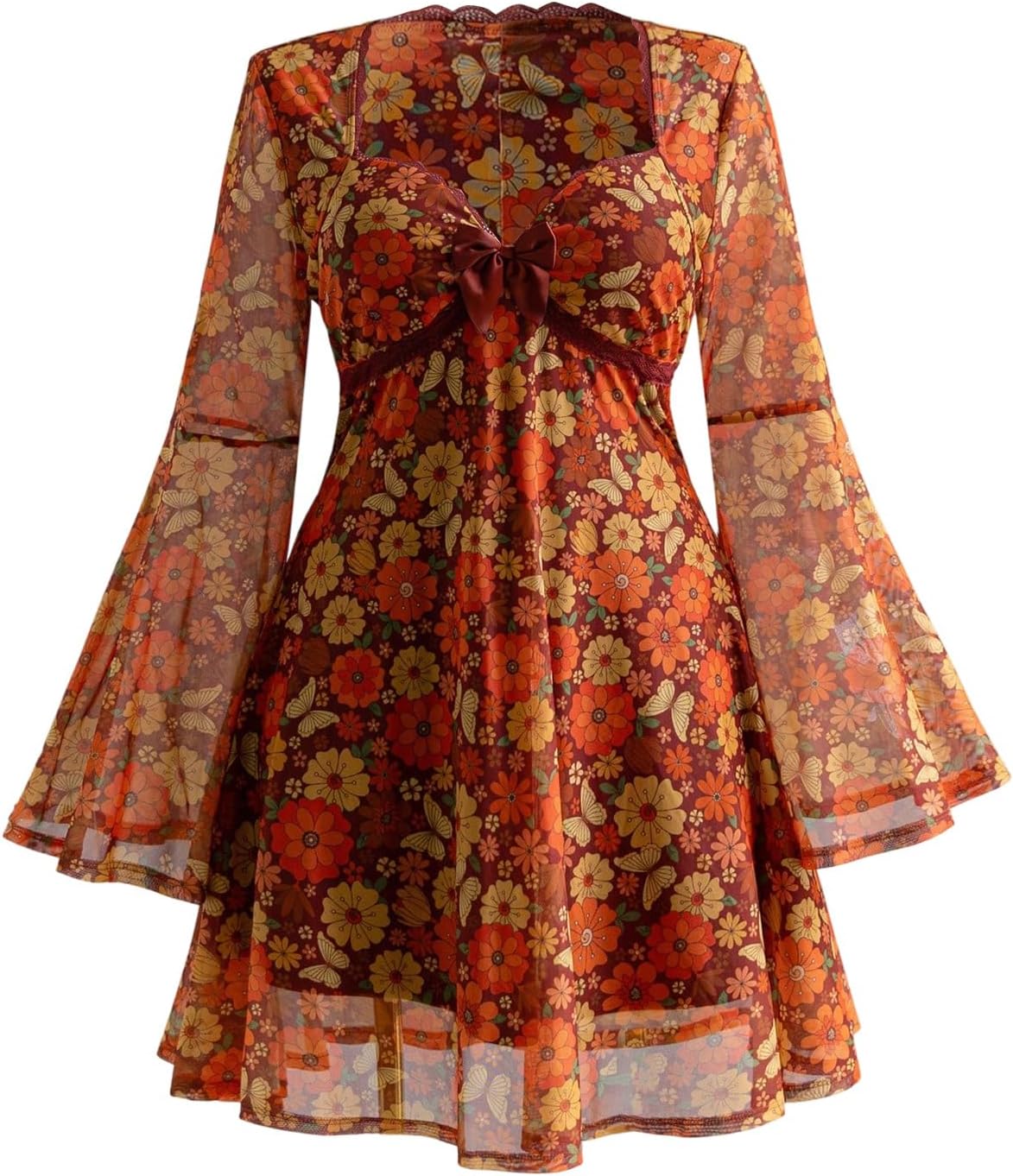 BEAUDRM Women's Y2k Plus Size Hippie Vintage Boho Dress Leopard Bell Long Sleeve V Neck Bow Mesh Goth Mini Dresses