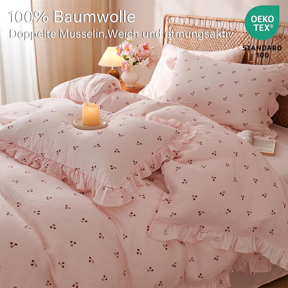 Sedefen Musselin Bettwäsche 220x240 Baumwolle Rosa Kirsche Mädchen Bettwäsche-Set mit Rüschen ÖKO-TEX Bettwäsche Musselin mit Reißverschluss, Bettbezug mit 2 Kissenbezüge 80x80 cm
