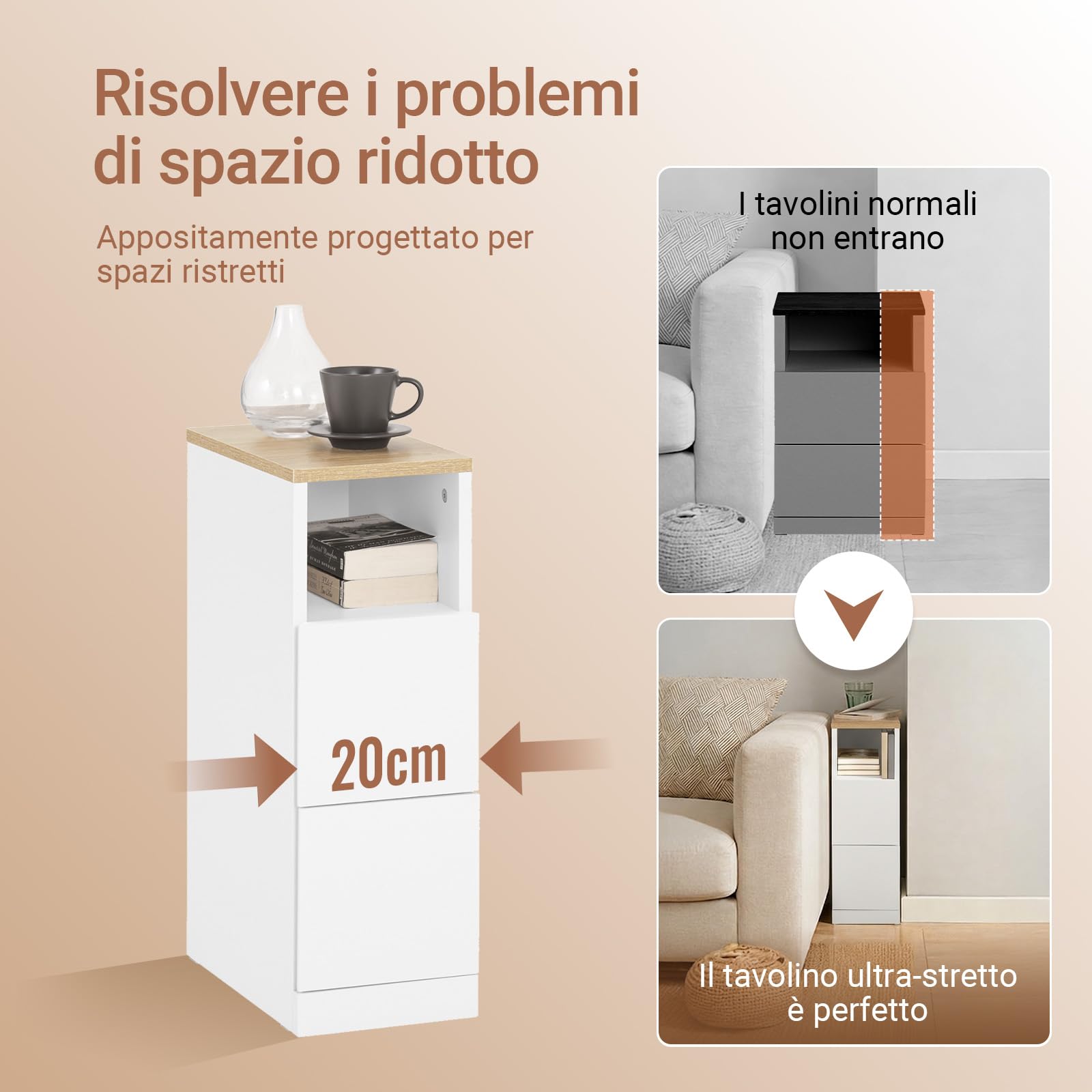 SoBuy comodino camera da letto stretto 20 cm, 2 cassetti tavolino da letto & tavolino salotto, salvaspazio per spazi stretti, ideale per inquilini e letto a molle, bianco, 20x35x60 cm, FBT149-WN