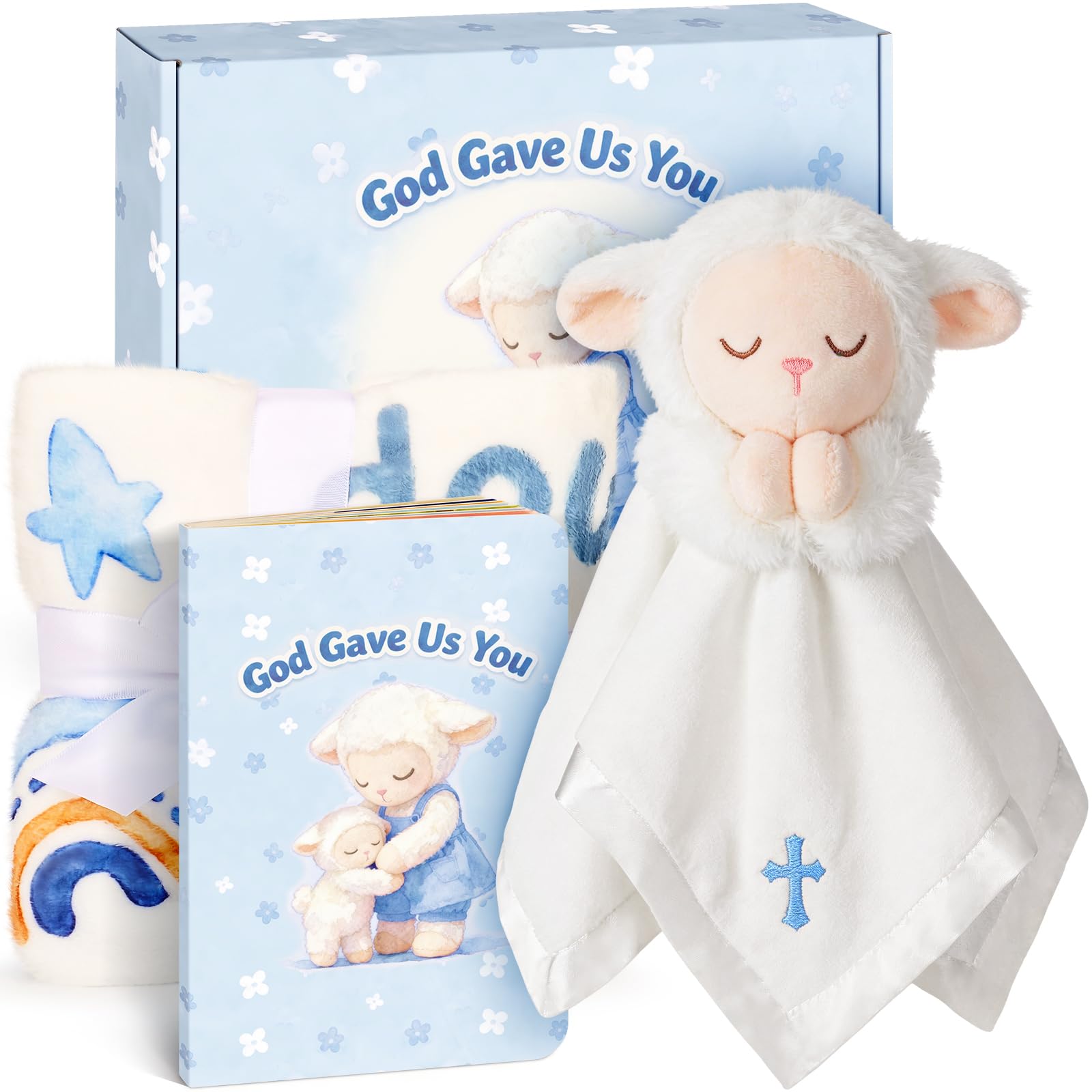 Baptism Gifts for Boys Girls Baby Comforters Blanket Baby Comforter Newborn Christening Gift Set Stuffed Lamb Comforter with Baby Blanket, Prayer Book Baptism Gift Set for Girls Lamb Plush (Blue)