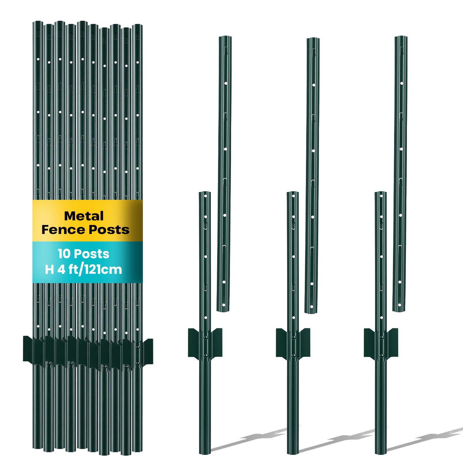 Ankishi 10 Pack Metal Fence Posts 4 FT (121CM) - Heavy Duty Steel Fencing Stakes & Garden Posts for Wire Mesh, Farm, Yard Boundary - Rustproof Ground Anchor Poles (Netting Not Included)