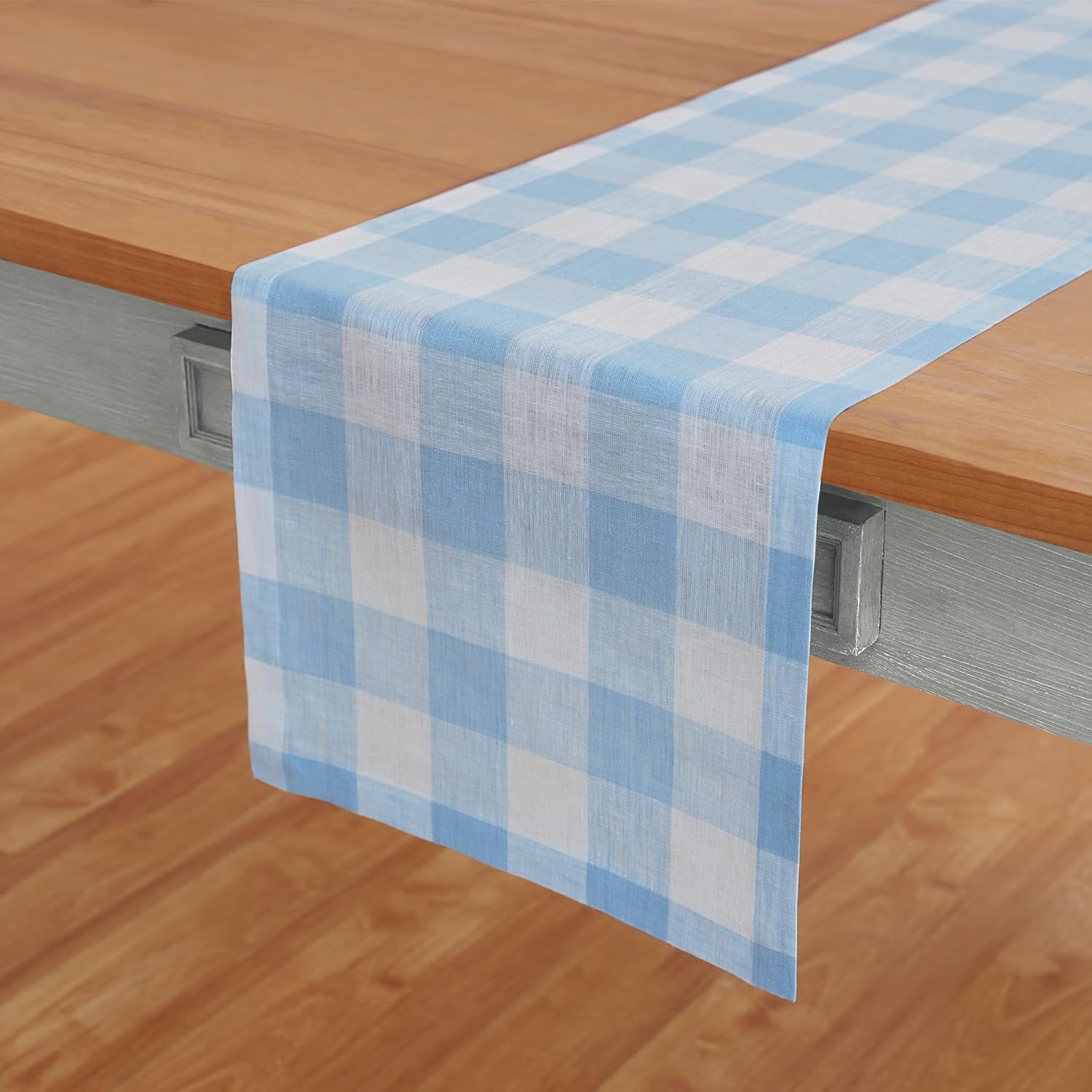 Solino Home Linen Buffalo Plaid Table Runner 120 Inches Long - 100% Pure Linen Blue Bell Checkered Table Runner 14 x 120 Inch Ideal for Dining
