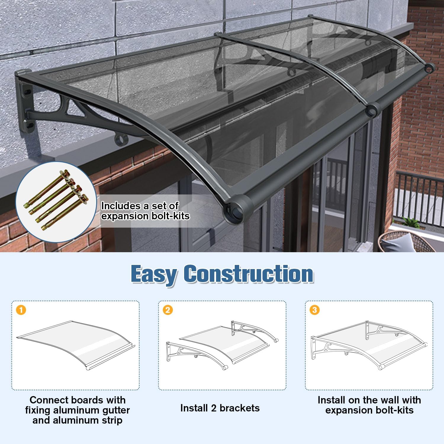 Awning for Door Entrance, Window Awnings Exterior with Aluminum Bracket Polycarbonate Board, Patio Balcony Porch, Uv Rain Snow Protection, with Drainage Channels, Gray 80x140cm/31 x55