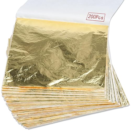 200Pcs Gold Leaf Sheets Gold Foil Sheets for Gilding Crafting, Art & DIY Projects, Picture Frames, Home Walls, Interior and Multi Artistic Decoration, Imitation Gold Foil Sheets 5.5" x 5.5" - 200pcs