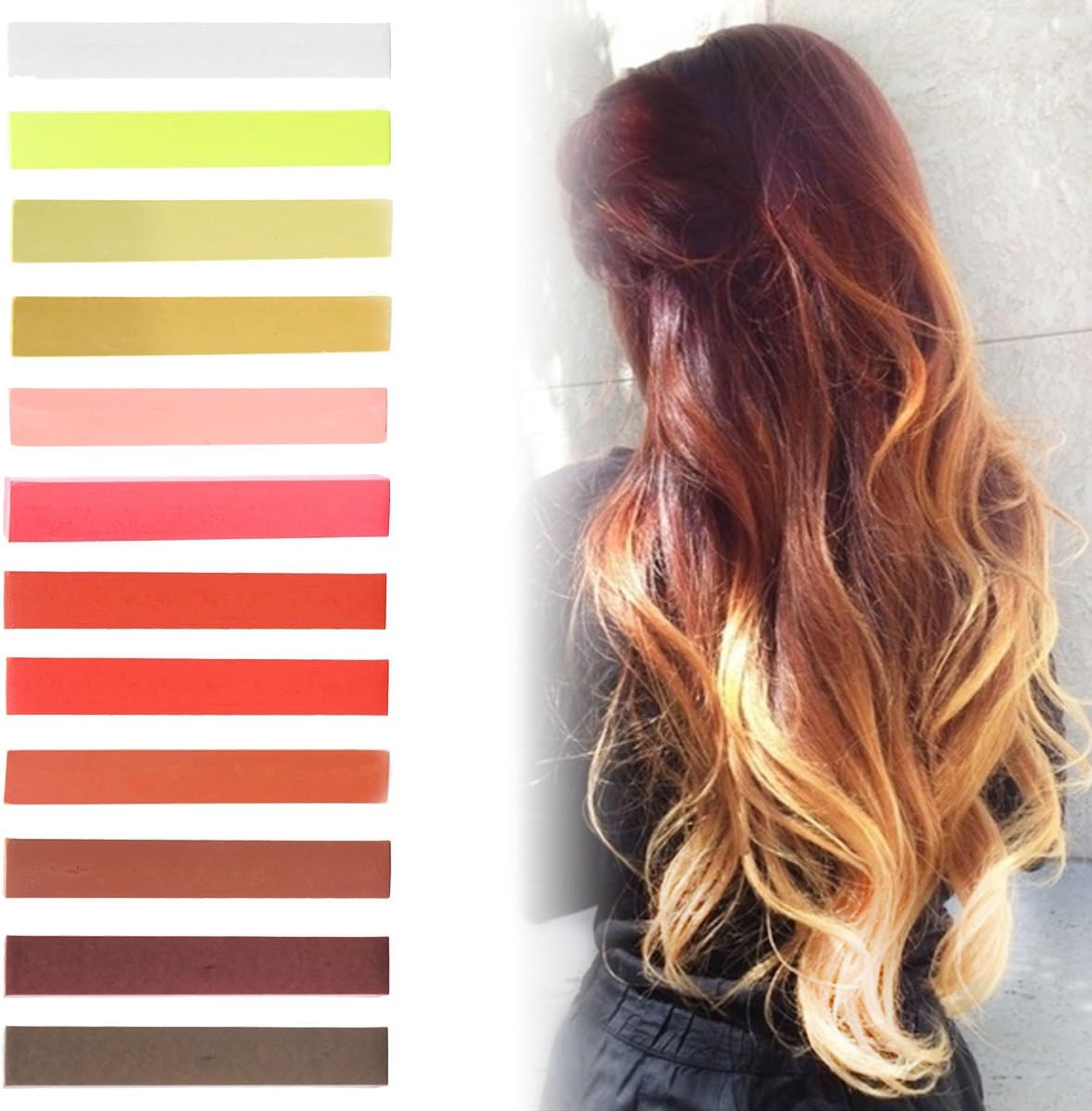 Caramel Blonde Ombre Hair Dye Set of 12 | Honey Blonde Red Ombre Hair Set | MAROON Color Temporary Vibrant Hair Dye | with Shades of White, Yellow, Red, Orange & Brown | Pastel Set of 12 Temporary Vibrant Hair Dye | Color your Hair Caramel Brown Ombre in seconds with temporary HairChalk by HairChalkCo