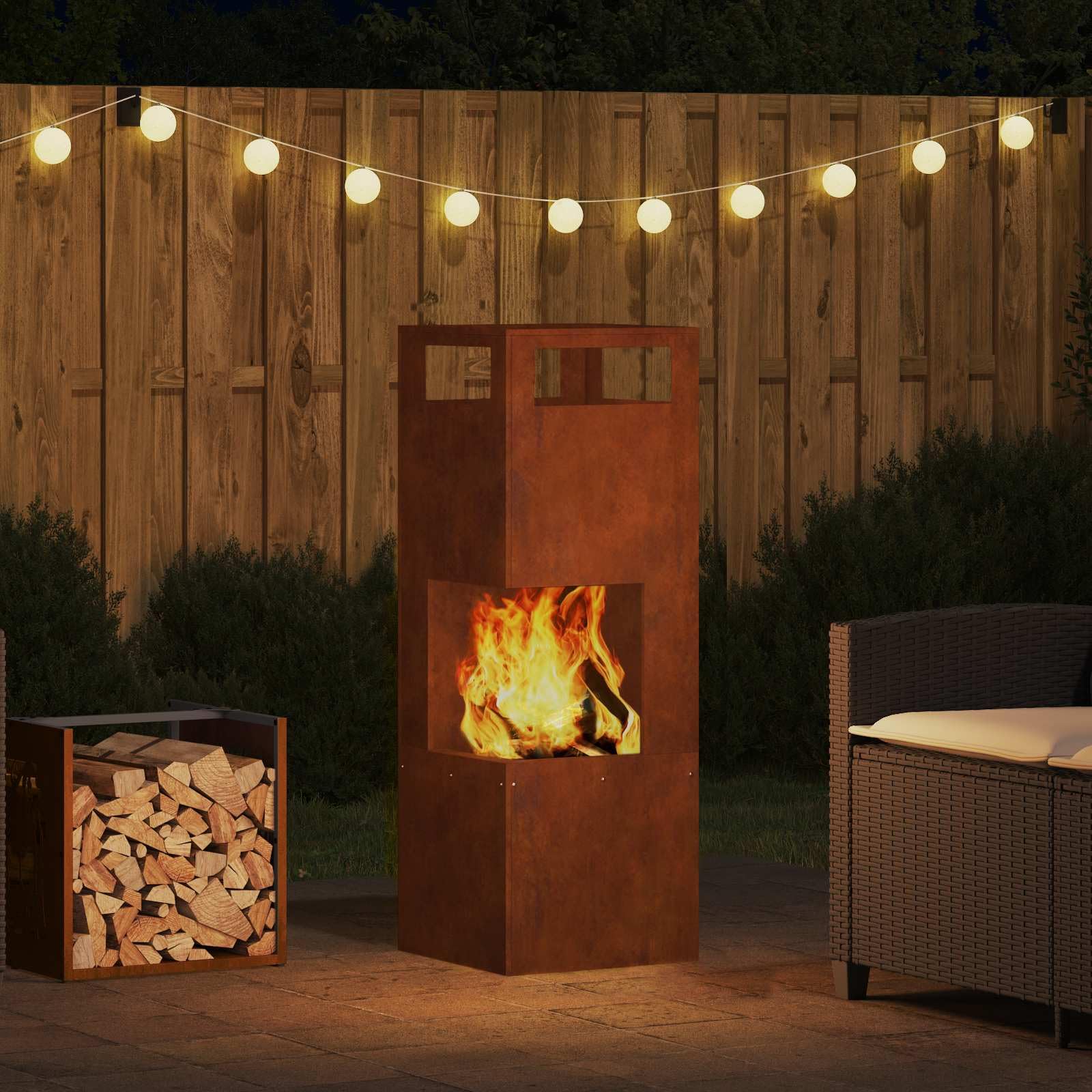 Brasero rectangulaire en acier résistant aux intempéries, marron, 35 x 35 x 100 cm, pour jardin, terrasse, atmosphère chaleureuse le soir