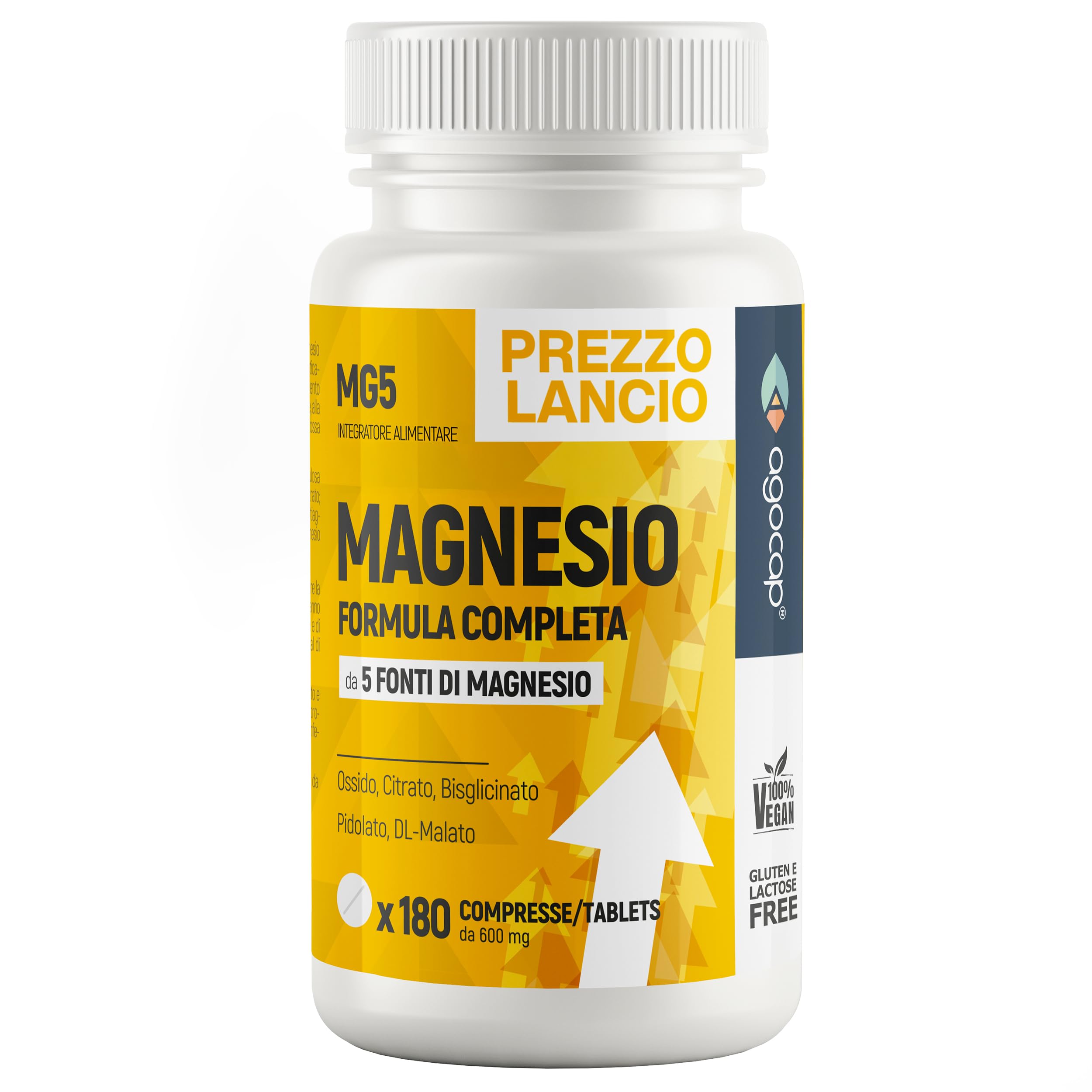 Magnesio Completo, 600 mg Formula Completa con Magnesio Bisglicinato, Pidolato, Malato, Citrato e Ossido - 5 Composti di Alta qualità. 180 Compresse