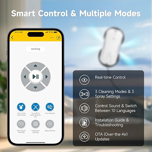 Miniatura 7 de FMART Robot de limpieza de ventanas T11, rociador automático de agua de 4 vías, succión fuerte de 5300 Pa, limpieza de alta velocidad, 60 dB ultra