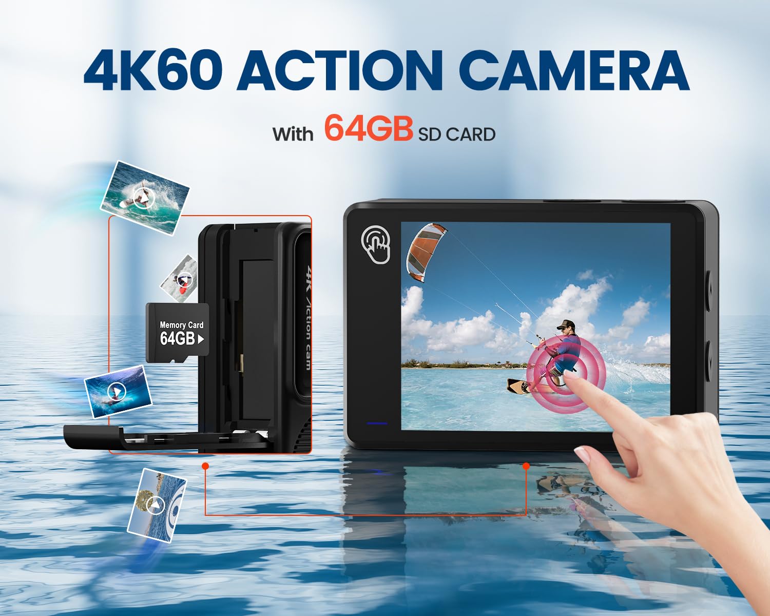 Action Cam 4K a Doppio Schermo, 48MP WIFI Videocmera con Scheda SD da 64GB,131ft Fotocamera Subacquea, 170° Telecamera Moto con Telecomando, Microfono, 2 Batterie,Accessori Multifunzione.