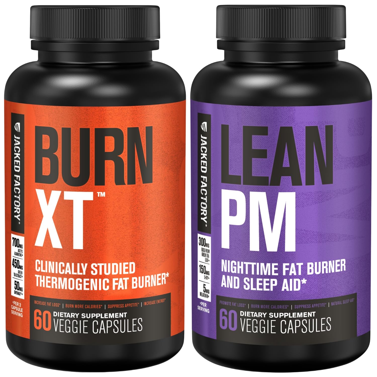 Jacked Factory Burn XT Thermogenic Fat Burner & Lean PM Nighttime Weight Loss Supplement for Men & Women 60 Veggie Diet Pills