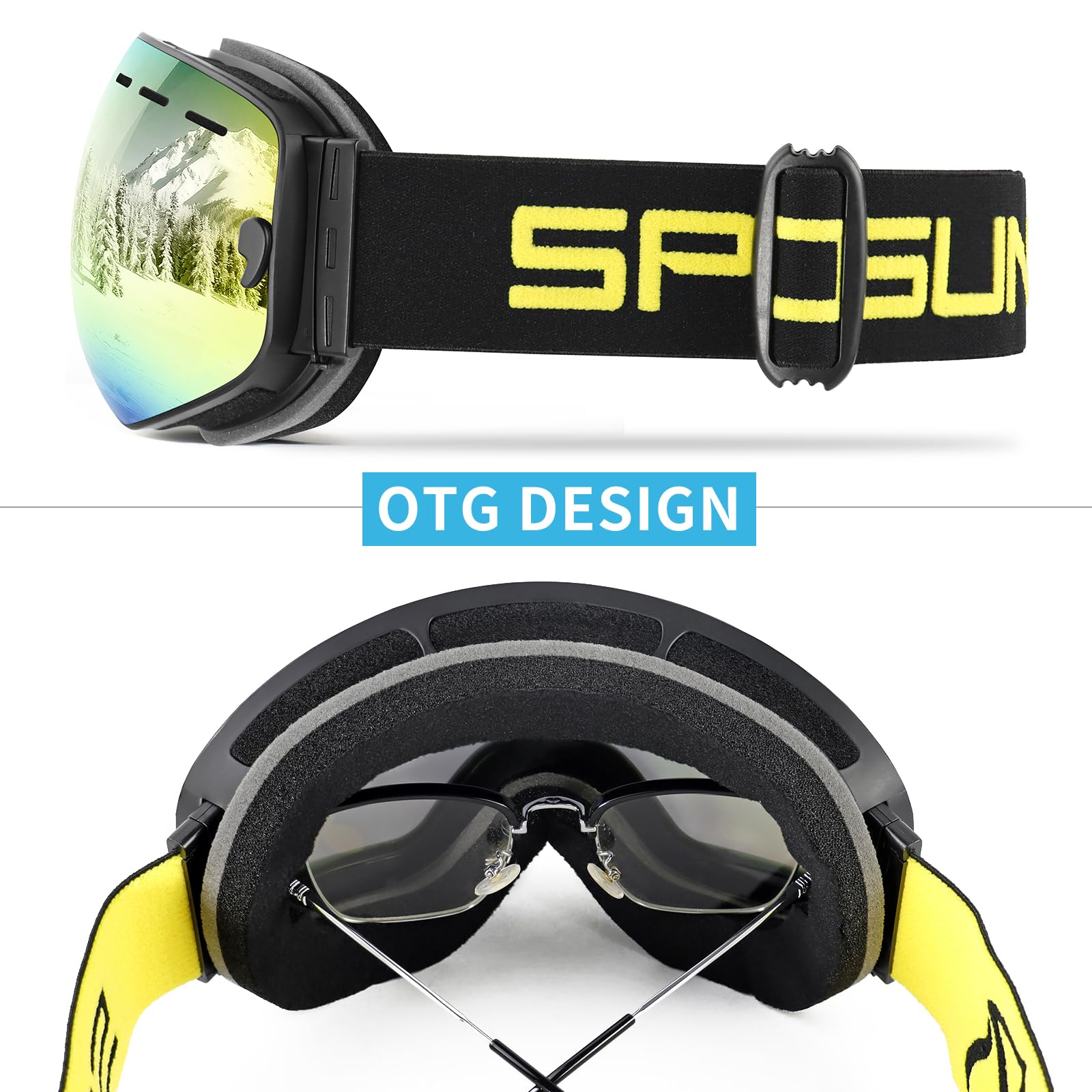 SPOSUNE Lunettes de ski avec double lentille sphérique anti-buée interchangeable, protection 100 % UV400, pour homme, femme, jeune, compatible avec les casques, anti-reflets, résistant aux chocs