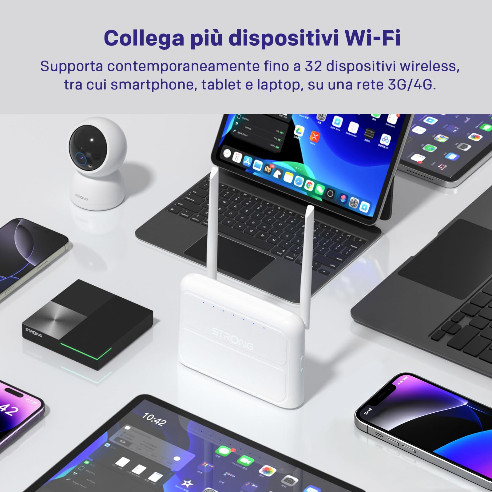 Strong Router 4G WiFi N300 Mbps con SIM, Cat4 LTE, 4 x Porte 100 Mbps | Router 4G Plug & Play con slot Nano SIM, fino a 32 dispositivi, compatibile con oltre 100 operatori, rete sicura, backup WAN
