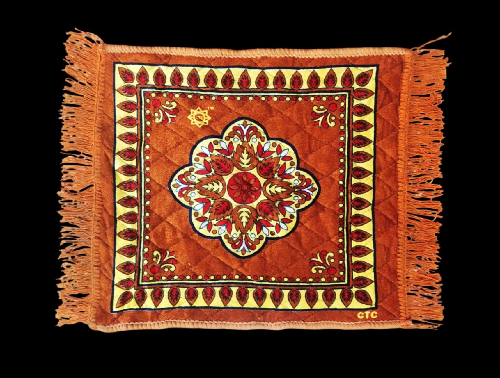 Decorative Quilted Pooja Mat/Prayer Mat with Floral Mandala Design, Brown and Red, Fringed Border-image-16