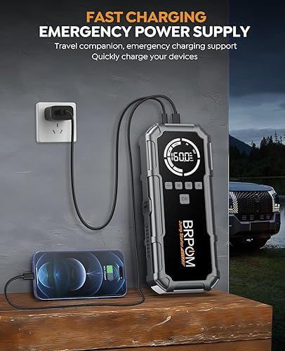 Miniatura 3 de BRPOM - Paquete de energía de arranque con compresor de aire, arrancador portátil BRPOM 6000A (toda gasolina10L diesel), banco de energía de 160PSI