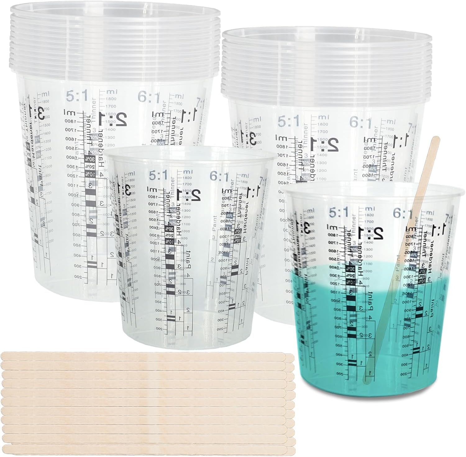 25 Pcs 64 Oz 1800 ml Paint Measuring Cups with Graduated and 25 Pcs Paint Mixing Sticks, Disposable Plastic Paint Mixing Cup for Kitchen Cooking Baking