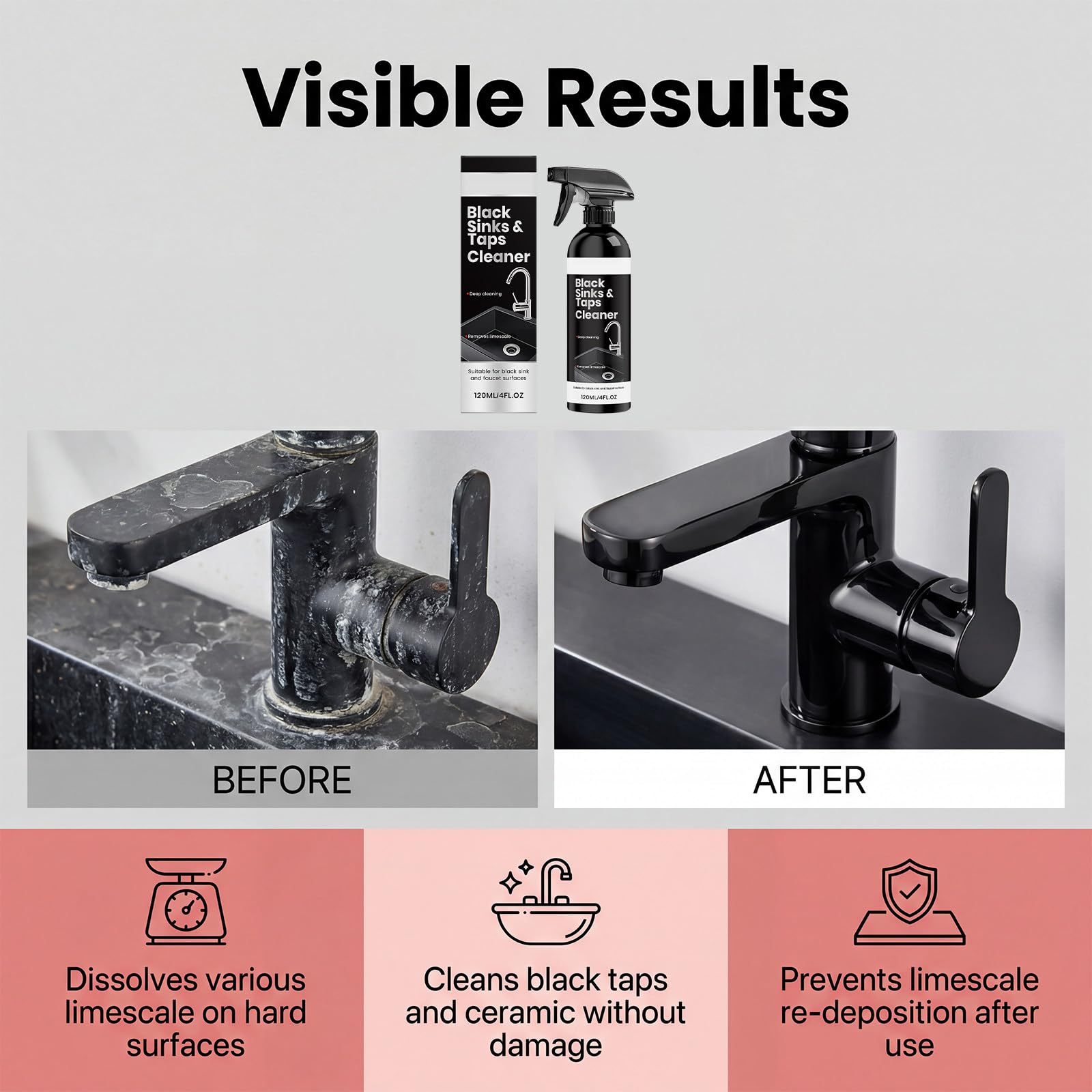 Black Sink Cleaner Spray - Detergente e ripristino per lavelli composite, rimuove calcare, macchie d'acqua e schiuma di sapone, per superfici in granito, quarzo, ceramica e lavello da cucina (5 pezzi)