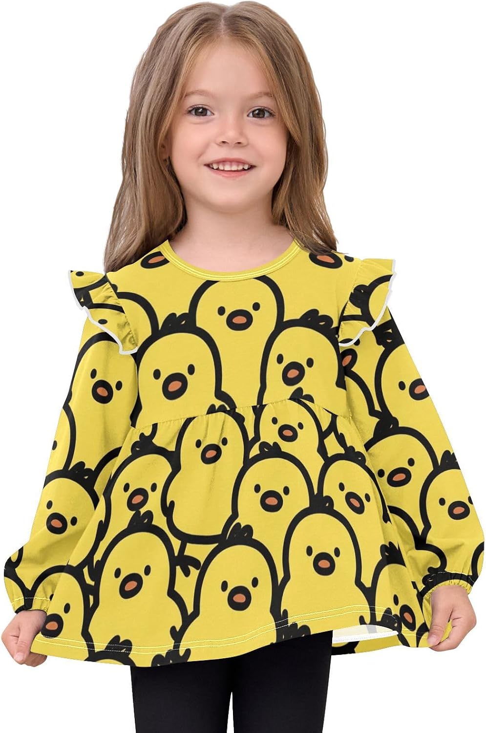 visesunny Toddler Clothes for Girls Vector Yellow Chick Design Long Sleeve Fall Shirts Cotton Top with Ruffle Collar