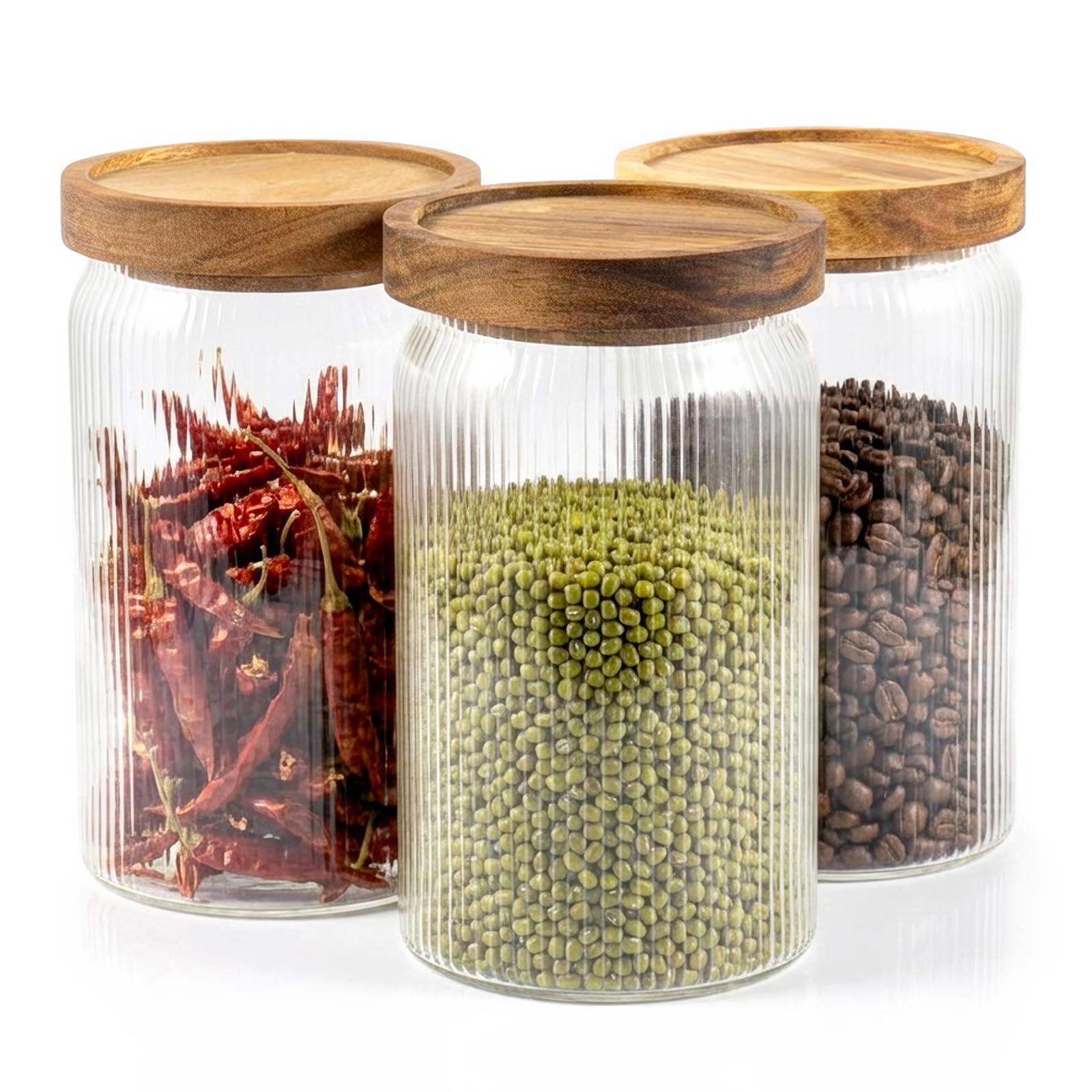 Sunnynest 800Ml Ribbed Glass Storage Jars With Airtight Wooden Lids 3 Pack Kitchen Canisters Set Clear Food Storage Containers For Coffee Sugar Tea Candy Snacks Pantry Organization Countertop (800Ml)