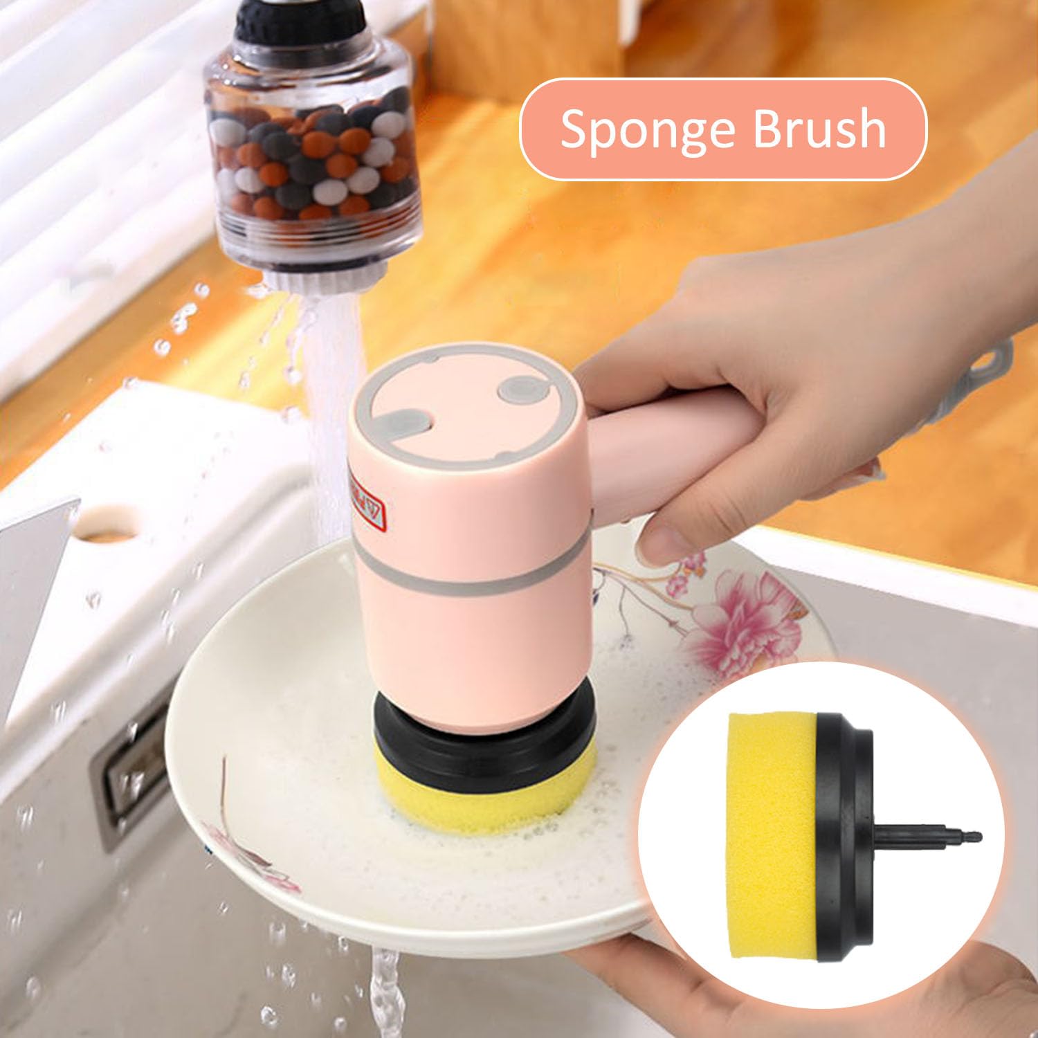 Hanaoni Electric Dish Gun, Pistola per strofinare piatti, 3 velocità regolazione, spazzola di pulizia con 6 testine di ricambio diverse, multifunzione girevole a 360°