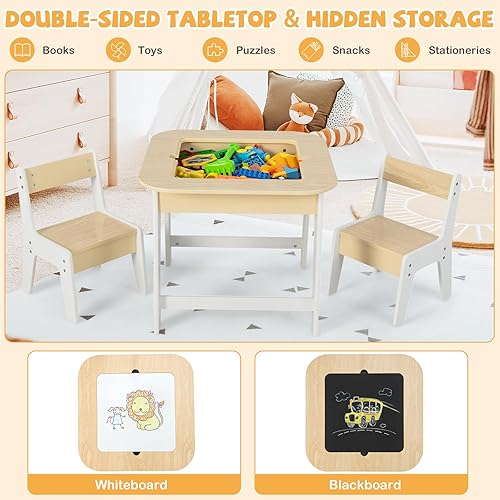 Miniatura 3 de HONEY JOY Juego de mesa y silla para niños, mesa de actividades de madera 3 en 1 y 2 sillas para manualidades artísticas, pizarra reversible, 3