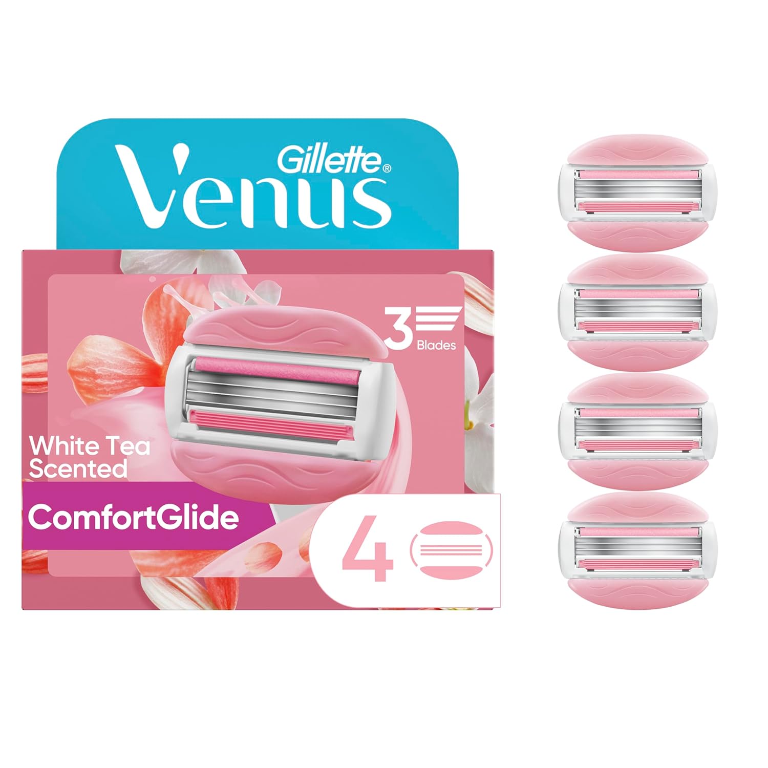 Gillette Venus ComfortGlide White Tea Womens Razor Refills 4 Refill Cartridges Fits Venus Reusable Razor Handles 3-Bladed with