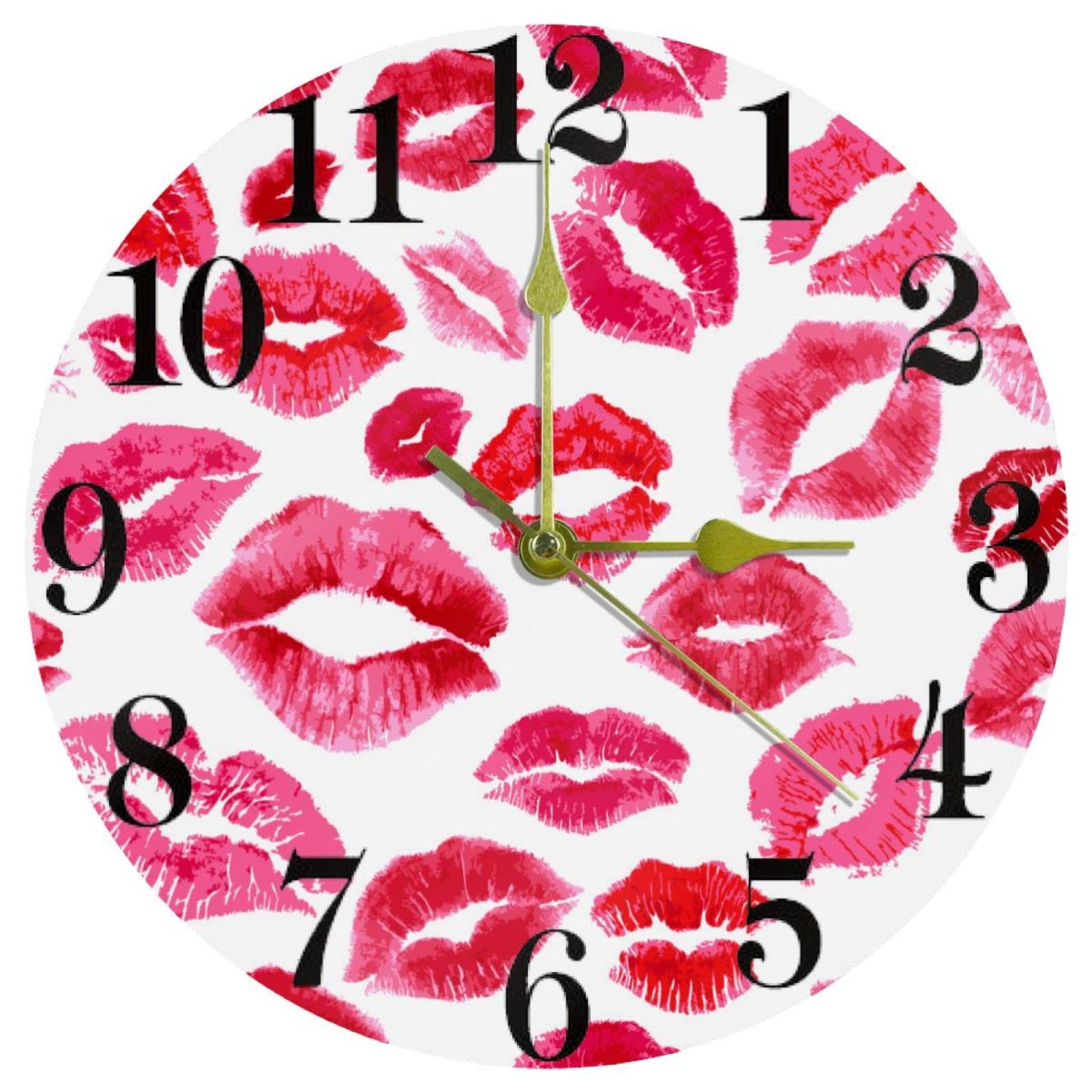 Horloge murale ronde silencieuse à piles 25,4 cm avec motif lèvres rouges moderne