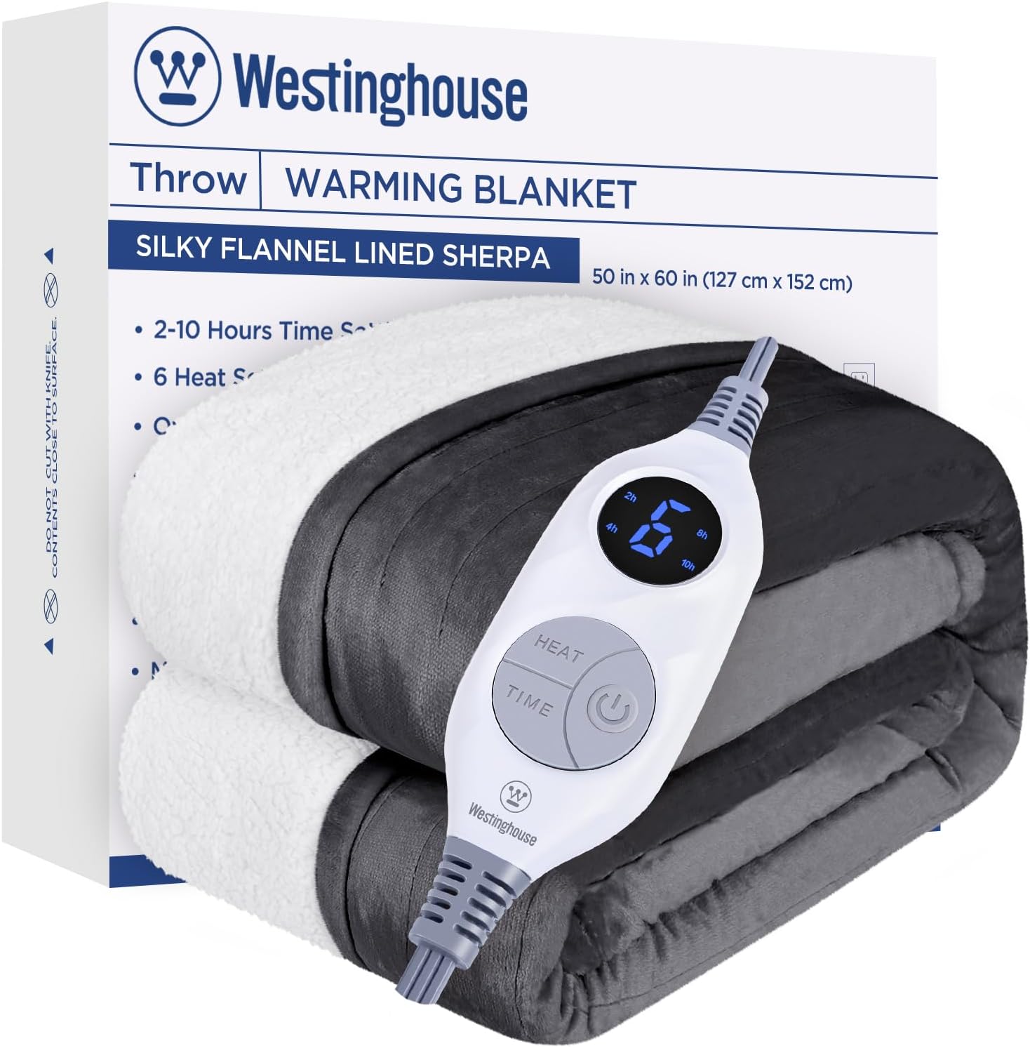 Westinghouse Heated Throw Blanket, Soft Flannel to Sherpa Electric Throw with 6 Heating Levels, 2-10 Hours Time Settings, Fast Heating, Machine Washable 50×60 Inch, Charcoal