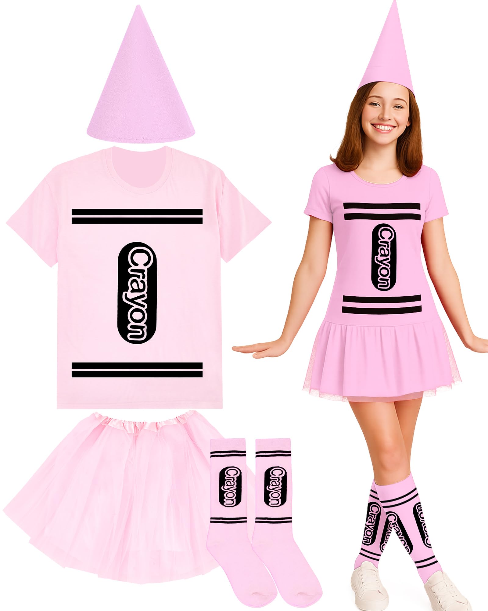 Coume Halloween Crayon Costume Set Crayon T Shirt Tutu Hat Sock Halloween Group Team Funny Shirt Tutu for Women Cosplay, Pink, XL