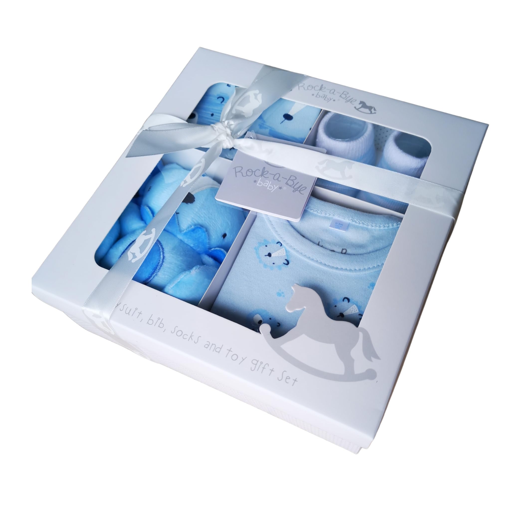 Baby Boy Newborn Baby Essentials 4 Piece Luxury Boxed Baby Gift Set - Baby Shower Gifts for Mum, Featuring Bodysuit, Bib, Socks and Soft Toy (Blue, Newborn)