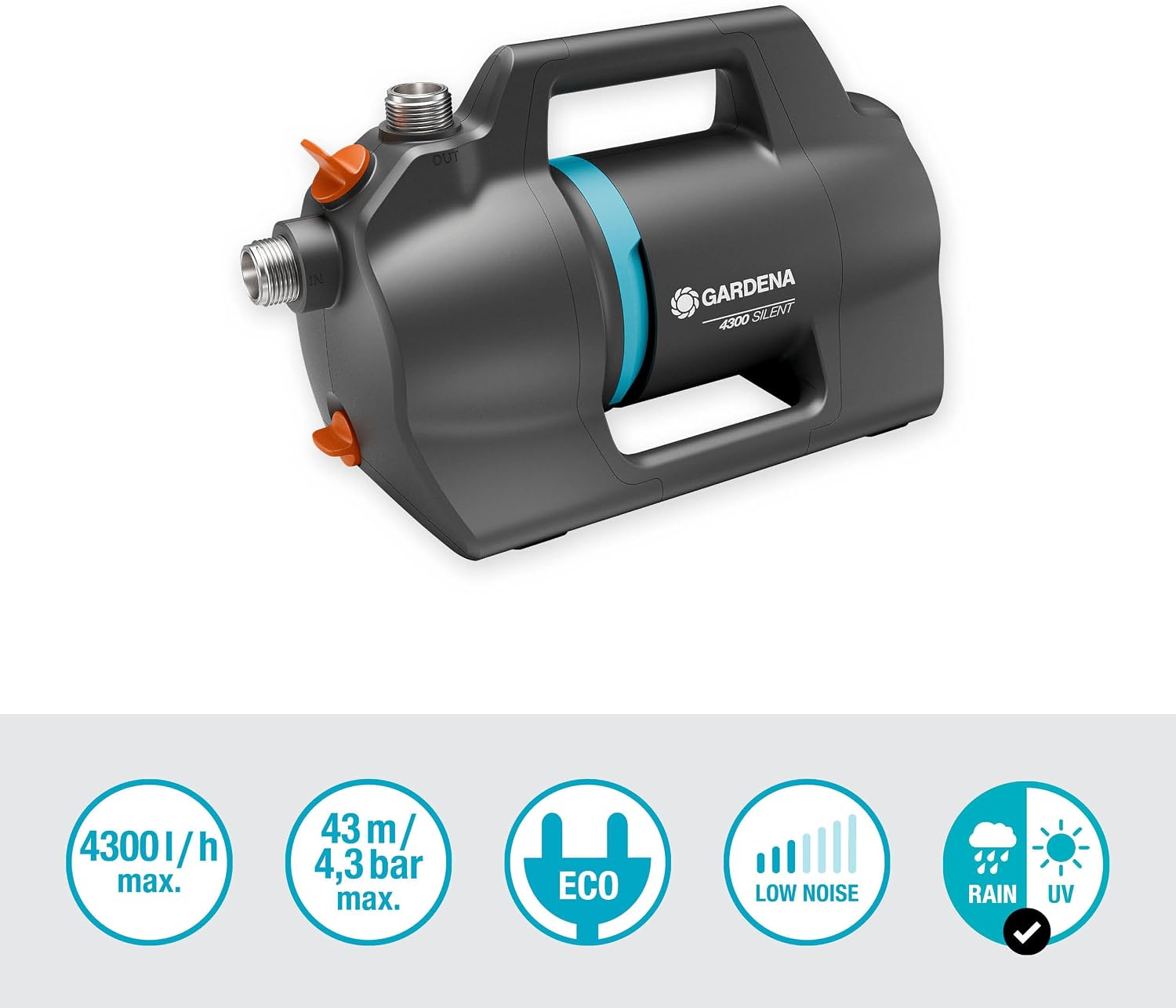 Gardena Garden Pump 4300, Silent: Very quiet garden pump with innovative housing, flow rate 4,300 l/h, 650 W motor, double sealing system, energy-saving and waterproof (9056-20)