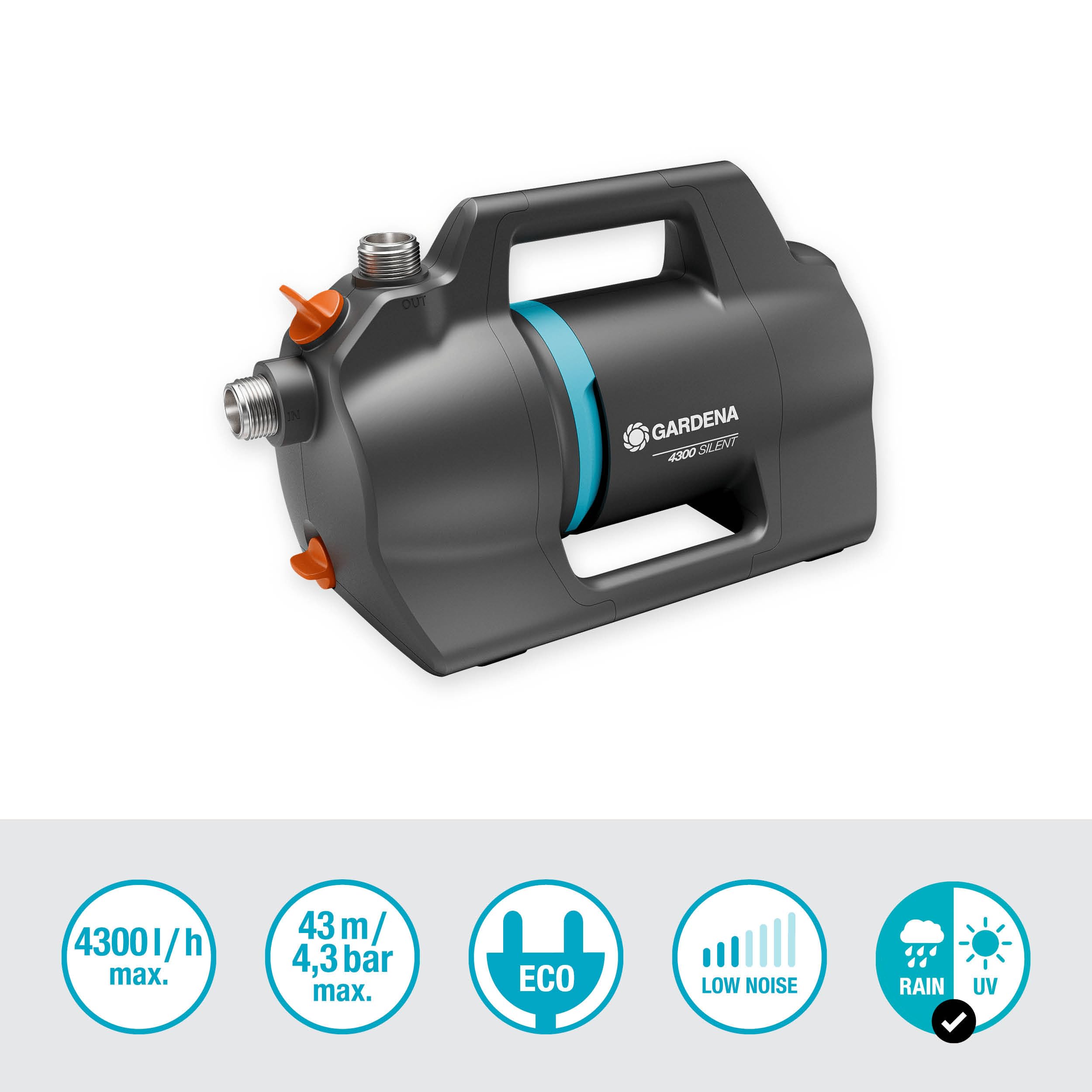 Gardena Gartenpumpe 4300 Silent: Sehr leise Bewässerungspumpe mit innovativem Gehäuse, Fördermenge 4300 l/h, 650 W Motor, doppeltes Dichtungssystem, stromsparend und wasserfest (9056-20)