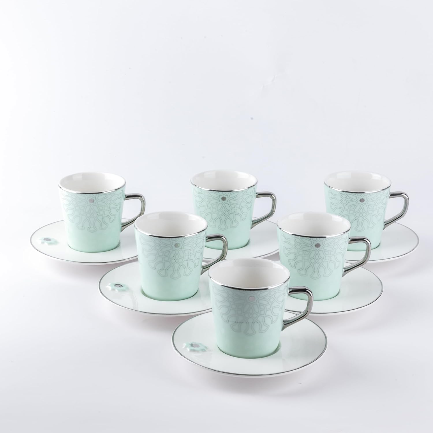 Otantik Home Asala Collection Cappuccino Set 12 Pc, Bone China Porcelain, 200ml Cups with Saucers, Elegant Design for Coffee, Espresso, Perfect for Home and Special Occasions (Teal & Silver)