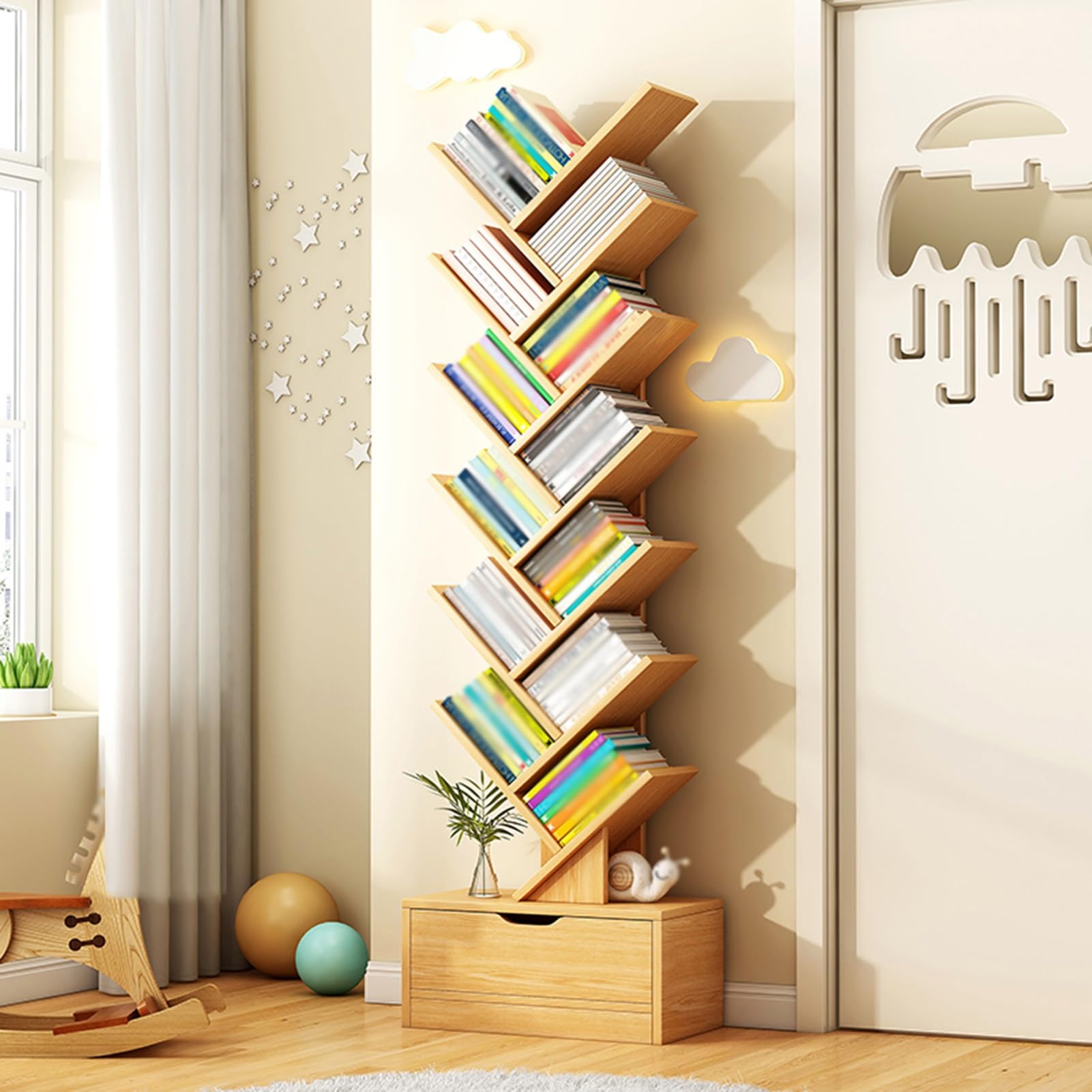 Amazon.co.jp: 引き出し付きツリー本棚、8～14段収納ディスプレイ棚