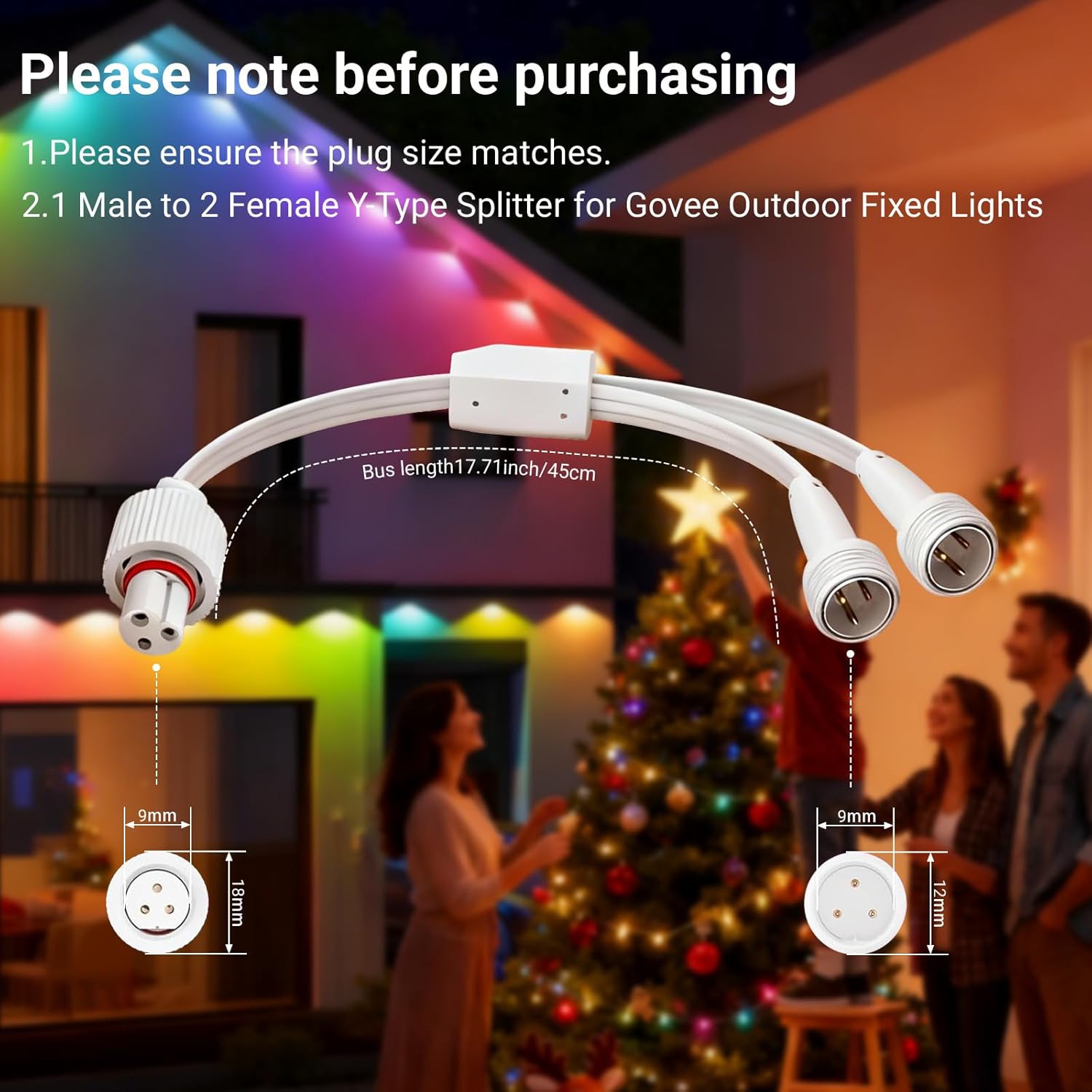 Y Splitter 1 Female to 2 Male for Govee Permanent Outdoor Lights H705A/B/C H705D/E/F H706A/B/C H703A/B H805A/B/C Waterproof 3-Pin Extension Cable