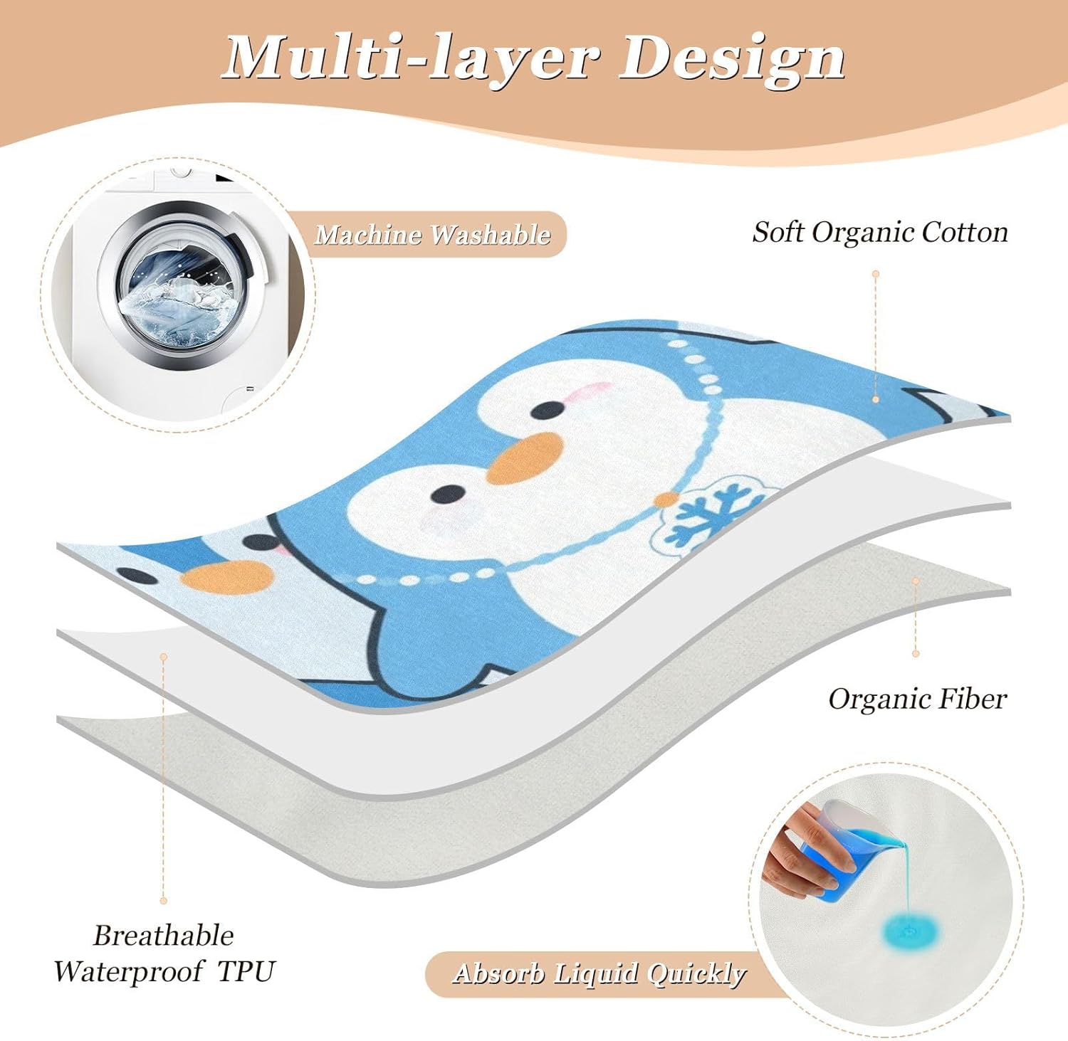Cartoon Cute Penguin Blue Extra Large Resuable Training Pee Pads for Kids Soft Absorbent Toddler Bed Pee Pads Breathable Cradle Mattress for Kids Adults Pets , 52" L x 34" W