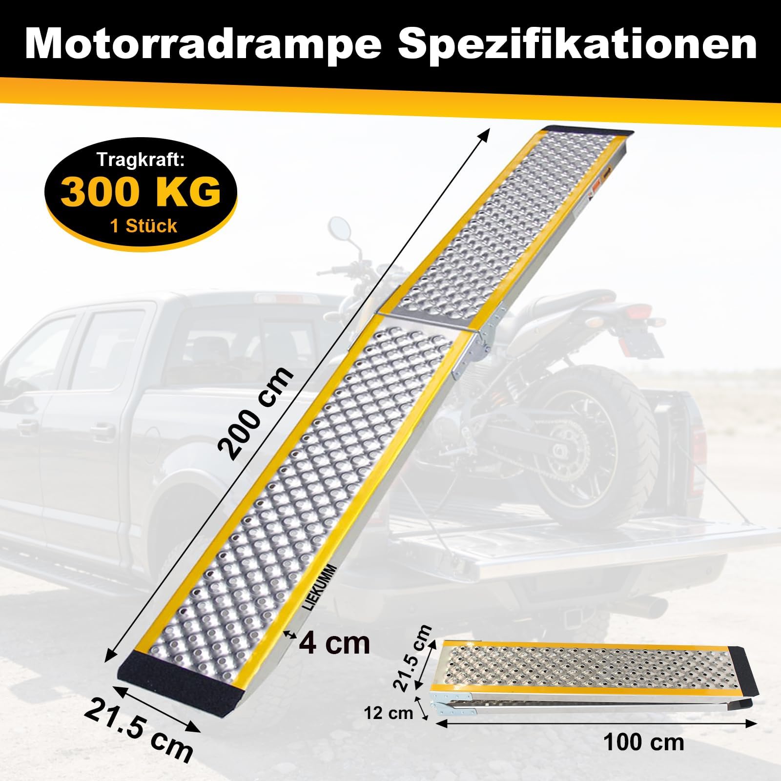 LIEKUMM Rampa di Carico, 200 X21,5 cm Rampa Moto, 300KG Capacità Rampa Pieghevole in Alluminio per ATV, Quad, Camion, Scooter, Tosaerba e Fordirt Bike, Pieghevole, 1 pacchetto