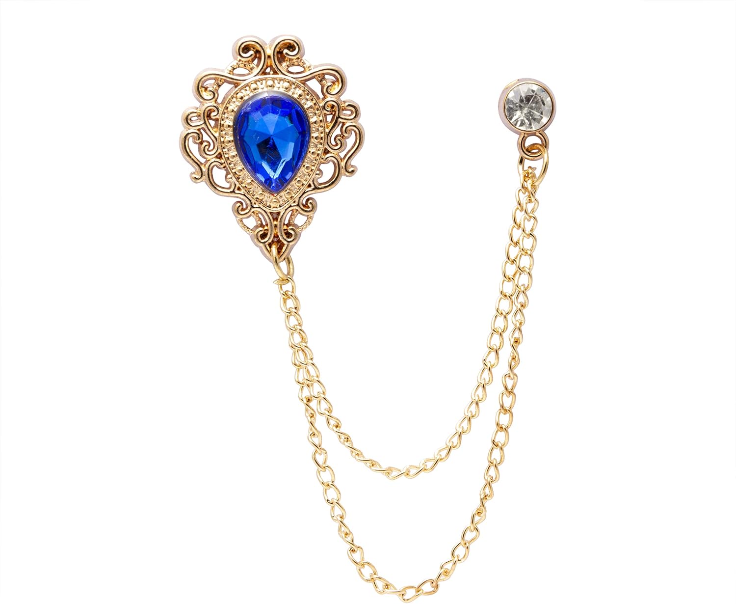 A N KINGPiiN Lapel Pin for Men Stone Detailing with Engraving Metal Crystal Chain Brooch Suit Stud, Shirt Studs Men's Accessories (Gold-Blue)