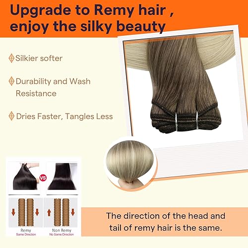 Miniatura 4 de Full Shine Extensiones de cabello humano de trama, 18 pulgadas, para coser, balayage, para mujer, marrón a rubio platino, cabello sedoso y suave, #