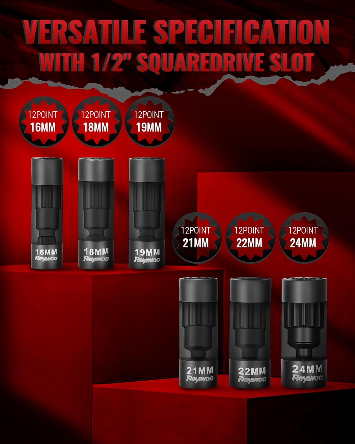 Strut Nut Socket Set, 8Pcs Suspension Strut Spreader Tool 16mm 18mm 19mm 21mm 22mm 24mm with 12 Point 1/2" Drive, Shock Absorber Socket for Easy Remove Strut Nuts