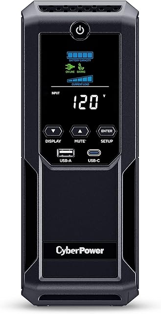 CyberPower CP1350AVRLCD3 Intelligent LCD UPS System, 1350VA/815W, 12 Outlets, 2 USB Ports, AVR, Mini Tower, Black