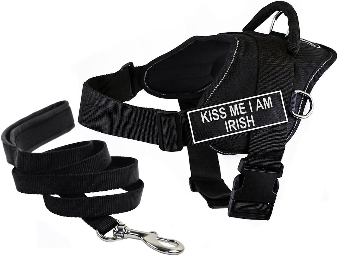 Dean & Tyler Bundle Large Black DT Fun Kiss Me I am Irish Reflective Harness with "Padded Puppy" Leash and 6-Feet Stainless Snap
