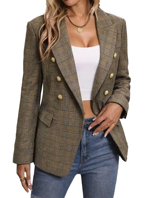 Mina Self Plaid Blazer Jacket for Women 2026 Fall Winter Khaki Houndstooth Tweed Business Casual Outfits Work Trendy Professional Fitted Womens Coat Women's Blazers & Suit Jackets XZ122 P/Khaki XXL by Mina Self - Used condition - US$49.64