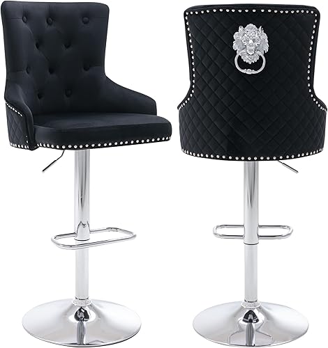 ABET Juego de 2 taburetes de bar, taburetes giratorios de terciopelo de altura ajustable con reposapiés, cojín suave, tapizado con respaldo alto,