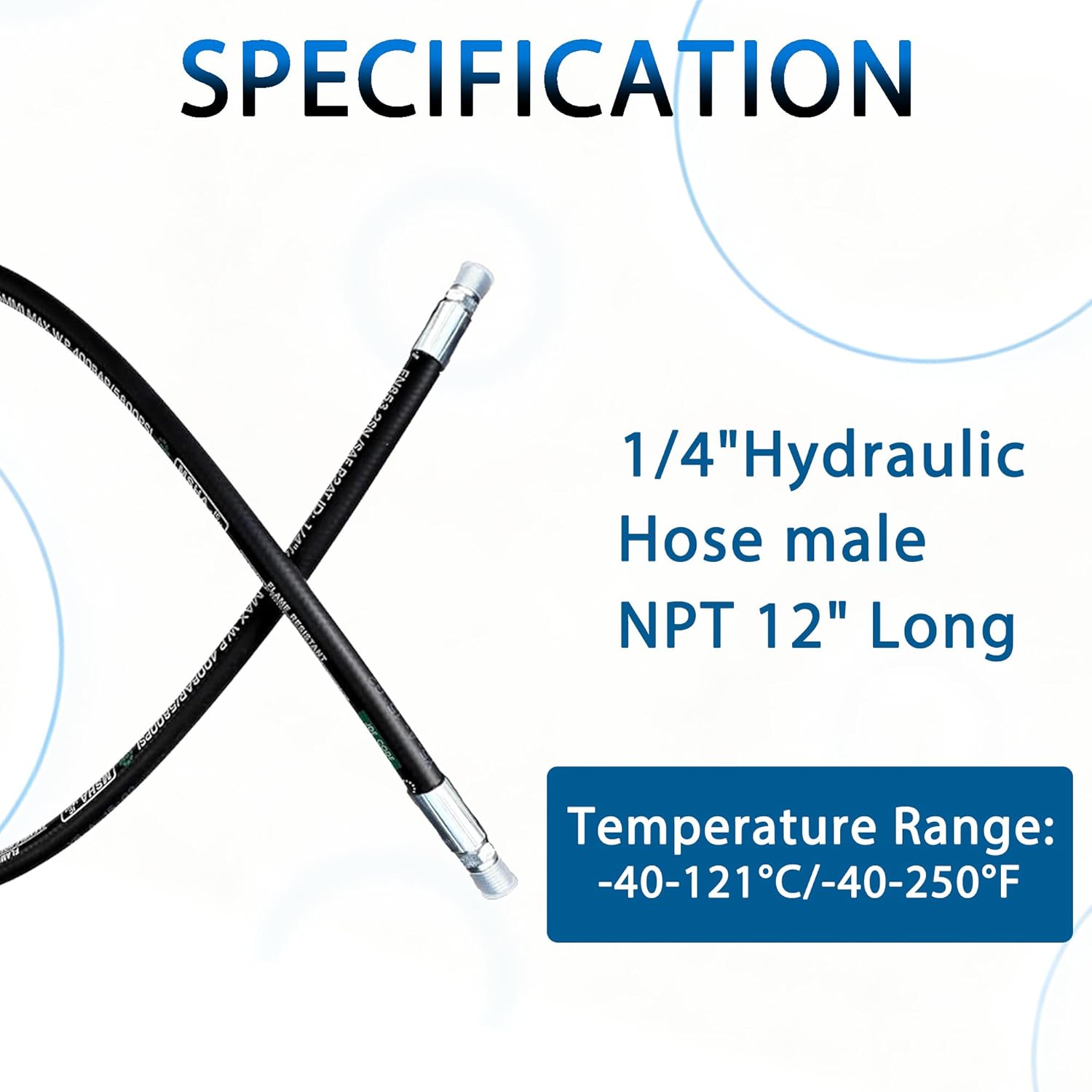 Heroson15611-04-04RW Hydraulic Hose Assembly 1/4 ”,Hydraulic Hose with Male NPT X Male NPT, 5800PSI，12 ”Long,Black