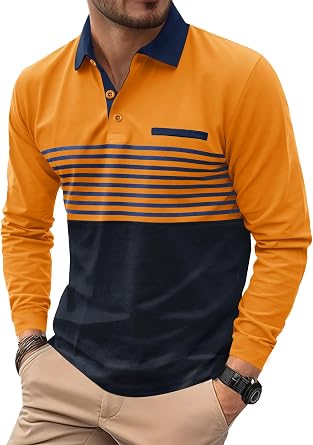 Mens Striped Golf Polo Shirts Color Block Long Sleeve Casual Shirt S-XXL